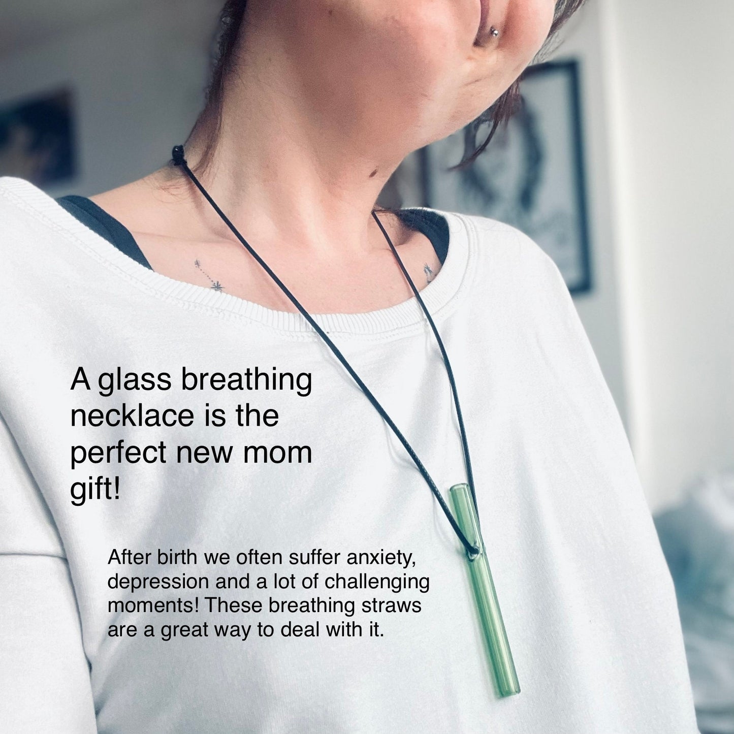 Natural Anxiety Relief for New Moms, Mindful Breathing Necklace, Self Care Gift for Mother, Stress Relief Necklace, Glass Prana Jewelry